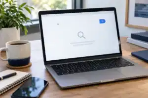 Laptop showing an empty search results screen, illustrating a website not showing on Google or Bing.