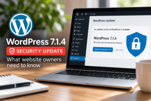 WordPress 7.1.4 security update showing the WordPress dashboard and security shield on a laptop