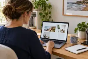 Small business owner checking a laptop website gallery with missing images