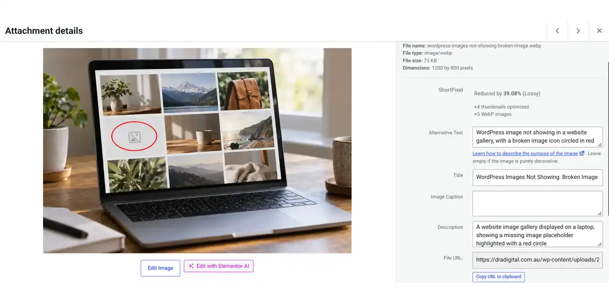 WordPress Media Library showing an image preview, attachment details and file URL