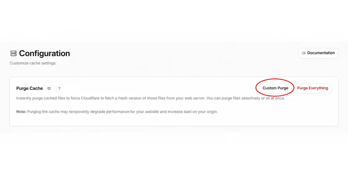 Cloudflare cache settings showing the Custom Purge button circled in red