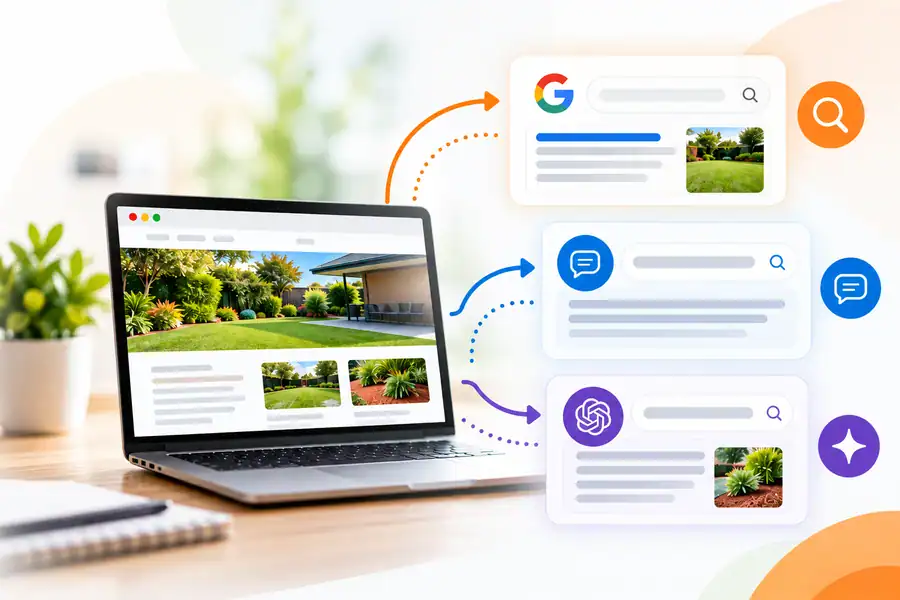 SEO, AEO and GEO illustration showing a website connected to search results, direct answers and AI-generated responses