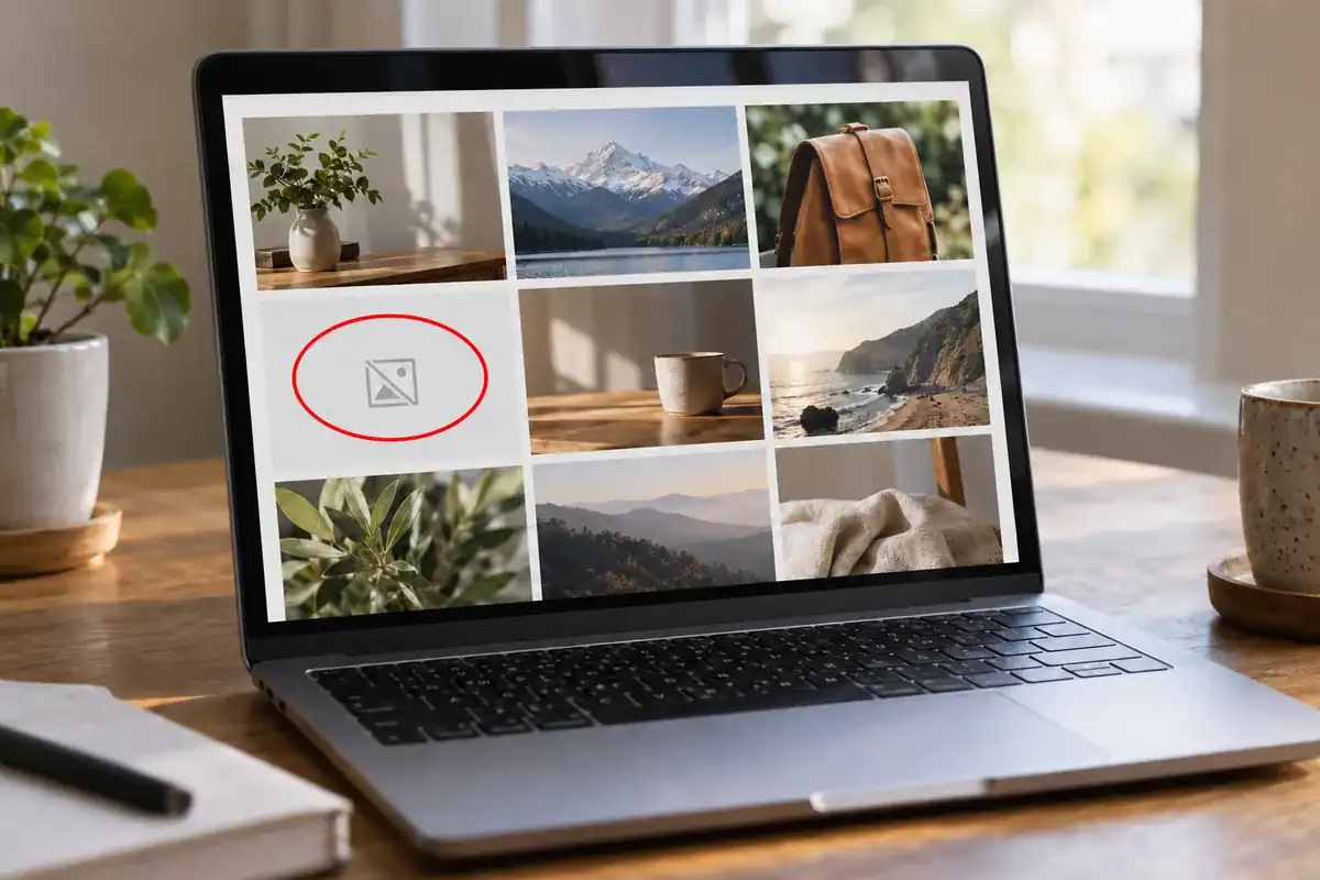 WordPress images not showing in a website gallery, with a broken image icon circled in red